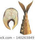 Smoked mackerel. Tail and piece. Hand-drawn watercolor illustration. Isolated on a white background. For menus, seafood products, and print design 140263849