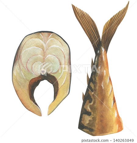 Smoked mackerel. Tail and piece. Hand-drawn watercolor illustration. Isolated on a white background. For menus, seafood products, and print design Smoked mackerel. Tail and piece. Hand-drawn watercolor illustration. Isolated on a white background. For menus, seafood products, and print design 140263849