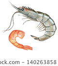Set of raw and cooked shrimp. Watercolor illustration isolated on a transparent background. For menus, cookbooks, and print. 140263858