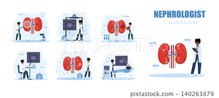 Nephrologist concept. Set of situations for diagnosis and treatment with doctors and patients in medical care. Vector illustration with internal organ and hospital scenes. Renal health and urology Nephrologist concept. Set of situations for diagnosis and treatment with doctors and patients in medical care. Vector illustration with internal organ and hospital scenes. Renal health and urology 140263879