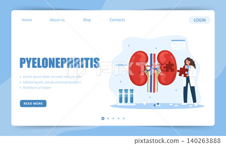 Pyelonephritis. Landing page template. Internal organ. Nephrology and anatomy concept. Vector illustration in flat cartoon style Pyelonephritis. Landing page template. Internal organ. Nephrology and anatomy concept. Vector illustration in flat cartoon style 140263888