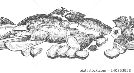 A seamless pattern, of sweet potatoes. Vector sketch of yams lying on a table. Whole batsts, halves, nippers and slices depicted in an engraved style. Line drawing kumara in ink. Rustic style. 140263938