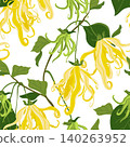 Seamless pattern with ylang-ylang branches. Vector pattern of tropical flowers in flat style for packaging. Cananga odorata flowers, used to produce essential oils, perfumes, and cosmetics. 140263952