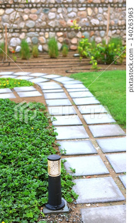 Nighttime Outdoor Pathway With Lighting. Calm Evening Garden Path Surrounded By Lights. Tranquil Dusk Scene Showcasing Lit Stone Path With Neat Borders And Fixtures Nighttime Outdoor Pathway With Lighting. Calm Evening Garden Path Surrounded By Lights. Tranquil Dusk Scene Showcasing Lit Stone Path With Neat Borders And Fixtures 140263963