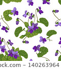 Fragrant violet seamless pattern. Vector illustration. Plant, leaves, and purple flowers. Bush with blooming Viola odorata. Cosmetic, perfume, and medicinal plants. Hand drawn pansy violet background. 140263964