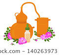 Vector illustration of a still pink Bulgarian roses and a dropper bottle. Old copper still for producing essential oils and floral distillates. A device for home production of damask rose extract. 140263973