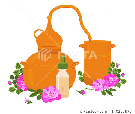 Vector illustration of a still pink Bulgarian roses and a dropper bottle. Old copper still for producing essential oils and floral distillates. A device for home production of damask rose extract. Vector illustration of a still pink Bulgarian roses and a dropper bottle. Old copper still for producing essential oils and floral distillates. A device for home production of damask rose extract. 140263973