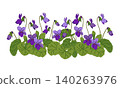 Sweet Viola odorata. Vector illustration. Plant, leaves, and purple flowers. Bush with blooming violet. Cosmetic, perfume, and medicinal plants. Hand drawn violet Pansy. 140263976