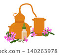 Vector illustration of a still and Pelargonium graveolens. An old copper still for producing essential oils and floral distillates. A device for home production of Pink geranium extract. 140263978