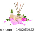 Vector illustration of Damask rose household items. An aroma diffuser, a dropper bottle with essential oil, and handmade soap. Fresh Rosa flowers. Ideal for spa treatments, wellness, and aromatherapy. 140263982