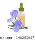A bottle with a pipette and iris. Glass bottle with Iris pallida essential oil. An ingredient for cosmetics and perfumes. Flat design illustration. A bottle with a pipette and flower extract. 140263987