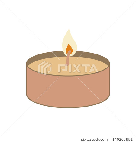 Burning tea candle in a metal cup. Flat style vector clip art. Flat candle for aroma lamps and aromatherapy. Candlestick on a white background. Burning tea candle in a metal cup. Flat style vector clip art. Flat candle for aroma lamps and aromatherapy. Candlestick on a white background. 140263991