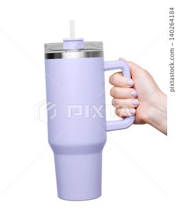 Female Hand Holding 40 oz purple tumbler. Tumbler With Handle, Travel Mug Straw Covers Cup with Lid Female Hand Holding 40 oz purple tumbler. Tumbler With Handle, Travel Mug Straw Covers Cup with Lid 140264184