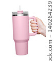 Female Hand Holding 40 oz light pink tumbler. Tumbler With Handle, Travel Mug Straw Covers Cup with Lid 140264239