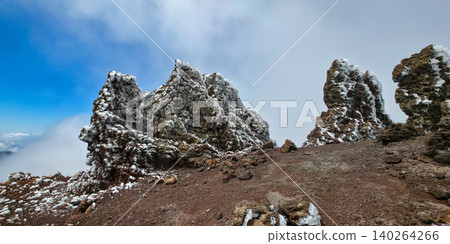 Cloudy and frosty weather at the highest point of La Palma island, Roque de los Muchachos, with minimal visibility due to weather conditions. High quality photo Cloudy and frosty weather at the highest point of La Palma island, Roque de los Muchachos, with minimal visibility due to weather conditions. High quality photo 140264266