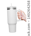 Female Hand Holding 40 oz white tumbler. Tumbler With Handle, Travel Mug Straw Covers Cup with Lid 140264268