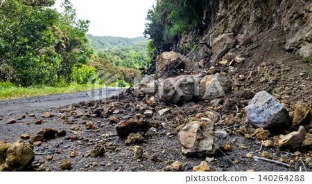 Rock and branch falls onto the roadway in mountainous areas. Danger of landslides on the roads. High quality photo Rock and branch falls onto the roadway in mountainous areas. Danger of landslides on the roads. High quality photo 140264288