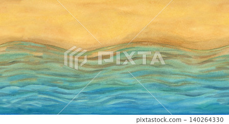 Hand-painted watercolor ocean seamless border with flowing turquoise waves and golden sandy beach. Coastal design colored background for invitations, branding, packaging, fabric and summer projects Hand-painted watercolor ocean seamless border with flowing turquoise waves and golden sandy beach. Coastal design colored background for invitations, branding, packaging, fabric and summer projects 140264330