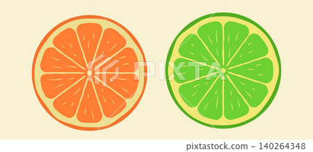 Cut in half orange citrus illustration with juicy bright orange segments Cut in half orange citrus illustration with juicy bright orange segments 140264348