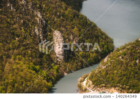 Aerial Panorama with Sculpture of Decebalus above Danube River Aerial Panorama with Sculpture of Decebalus above Danube River 140264349