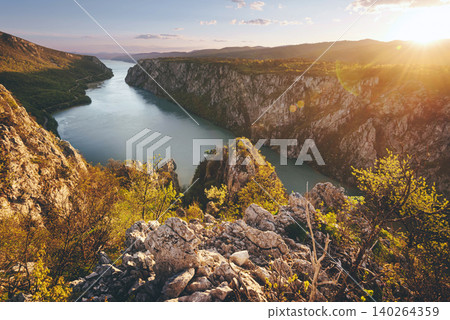 Danube River and Iron Gates Panorama at Sunset Danube River and Iron Gates Panorama at Sunset 140264359