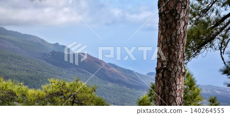 Scenic view of volcan Tajogaite, mountains and lush pine trees under a cloudy sky in La Palma, Canary Islands, showcasing natural beauty and diverse landscapes. High quality photo Scenic view of volcan Tajogaite, mountains and lush pine trees under a cloudy sky in La Palma, Canary Islands, showcasing natural beauty and diverse landscapes. High quality photo 140264555