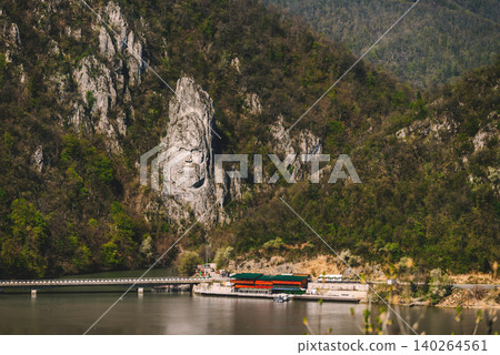 Panorama with Rock Sculpture of Decebalus above Danube River 140264561