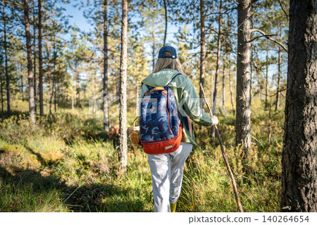 Woman exploring wetland in fall using support stick scanning ground for mushroom. Nature lover 140264654