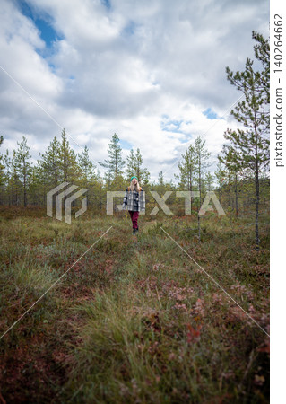 Woman walking on wetland on autumn, solo travel in nature. Female peaceful walk amid peat bog Woman walking on wetland on autumn, solo travel in nature. Female peaceful walk amid peat bog 140264662