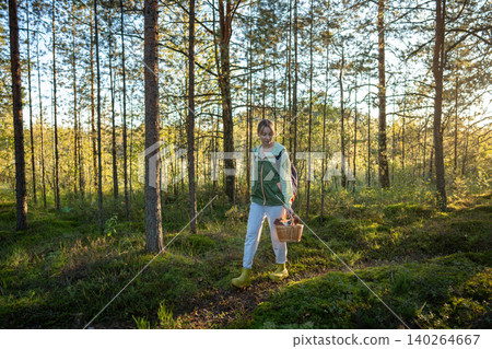 Woman walking in pine forest looks around, collecting wild fungi in wicker basket. Mushroom foraging Woman walking in pine forest looks around, collecting wild fungi in wicker basket. Mushroom foraging 140264667