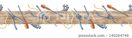 Horizontal seamless border with working tools on a wooden brown board. Realistic watercolor illustration with men's home renovation tools on an isolated background. For DIY design and repair shops Horizontal seamless border with working tools on a wooden brown board. Realistic watercolor illustration with men's home renovation tools on an isolated background. For DIY design and repair shops 140264746