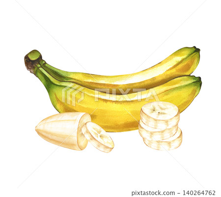Watercolor banana composition with whole bananas, peeled piece and slices isolated on a white background. Hand-painted tropical fruit illustration for design, patterns, and packaging Watercolor banana composition with whole bananas, peeled piece and slices isolated on a white background. Hand-painted tropical fruit illustration for design, patterns, and packaging 140264762