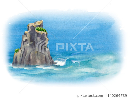 Watercolor seascape with an island rock, blue sky and sea on an isolated background. Composition for summer vacation banners, travel cards, and coastal posters Watercolor seascape with an island rock, blue sky and sea on an isolated background. Composition for summer vacation banners, travel cards, and coastal posters 140264789