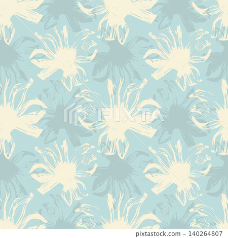 pattern featuring distressed sketch-style flower silhouettes. Light cream brush stroke floral elements overlaid on a soft pastel blue backdrop, perfect for modern apparel, interior wallpaper, textile pattern featuring distressed sketch-style flower silhouettes. Light cream brush stroke floral elements overlaid on a soft pastel blue backdrop, perfect for modern apparel, interior wallpaper, textile 140264807