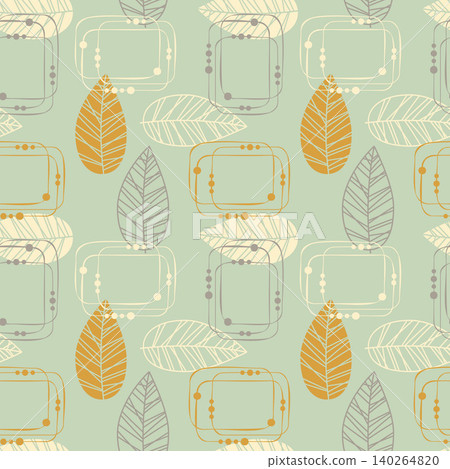 pattern in Nordic Scandinavian style featuring minimalist abstract leaves, retro mid-century modern rectangles, and clean line art on a soft sage green backdrop. Elegant botanical design layout ideal pattern in Nordic Scandinavian style featuring minimalist abstract leaves, retro mid-century modern rectangles, and clean line art on a soft sage green backdrop. Elegant botanical design layout ideal 140264820