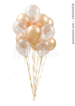 Bunch of glossy gold, white and transparent with polka dot pattern balloons on an isolated background. 3d rendering Bunch of glossy gold, white and transparent with polka dot pattern balloons on an isolated background. 3d rendering 140264838