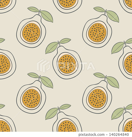 pattern featuring hand drawn flat illustrations of passion fruit halves with seeds and green leaves on a neutral beige backdrop. Minimalist tropical design template perfect for summer textiles, food pattern featuring hand drawn flat illustrations of passion fruit halves with seeds and green leaves on a neutral beige backdrop. Minimalist tropical design template perfect for summer textiles, food 140264840