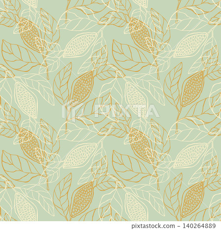 Elegant seamless vector pattern featuring hand-drawn outline silhouettes of cocoa tree pods and leaves. Line art graphic with golden and cream tones on a soft green backdrop, ideal for chocolate Elegant seamless vector pattern featuring hand-drawn outline silhouettes of cocoa tree pods and leaves. Line art graphic with golden and cream tones on a soft green backdrop, ideal for chocolate 140264889