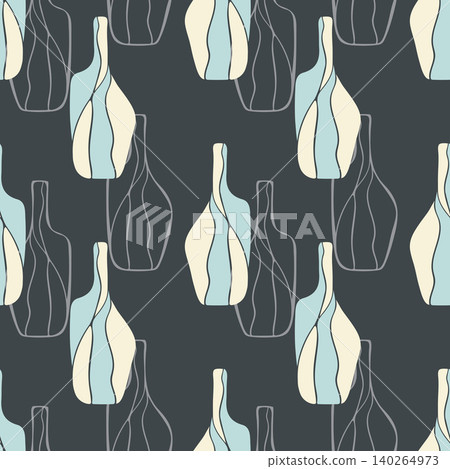 Abstract seamless pattern with stylized ceramic vases and bottles in modern scandinavian style in pastel blue, cream and dark charcoal colors for wallpaper, wrapping paper and textile design. Abstract seamless pattern with stylized ceramic vases and bottles in modern scandinavian style in pastel blue, cream and dark charcoal colors for wallpaper, wrapping paper and textile design. 140264973