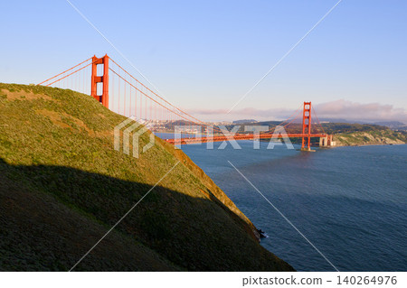 Golden Gate Bridge emerging from Marin Headlands at sunset Golden Gate Bridge emerging from Marin Headlands at sunset 140264976