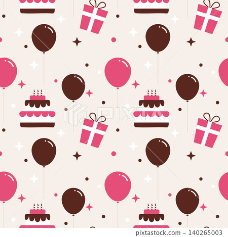 Seamless pattern with birthday cakes, balloons and gift boxes. Cute pink and chocolate celebration print for party wrapping paper, kids holiday textile or greeting card background Seamless pattern with birthday cakes, balloons and gift boxes. Cute pink and chocolate celebration print for party wrapping paper, kids holiday textile or greeting card background 140265003