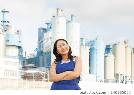 Happy young woman posing against background of factory Happy young woman posing against background of factory 140265033