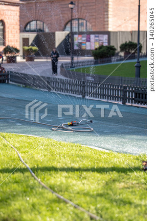 Grass lawn preparations for summer season in public city areas, workers covering turf with netting. Grass lawn preparations for summer season in public city areas, workers covering turf with netting. 140265045