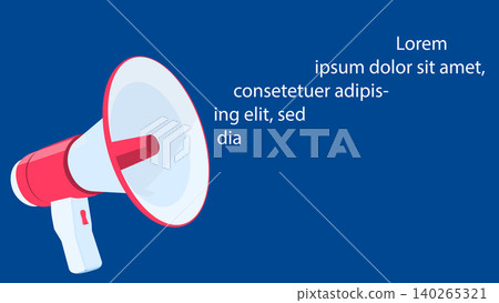 Banner with classic red megaphone on isolated background. Applicable for alert, announcement, advertising illustration. 140265321