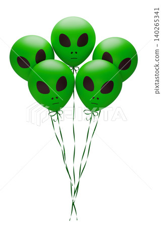 A bunch of space alien head balloons, suitable for space parties and World UFO Day celebrations. 3D rendering illustration. A bunch of space alien head balloons, suitable for space parties and World UFO Day celebrations. 3D rendering illustration. 140265341