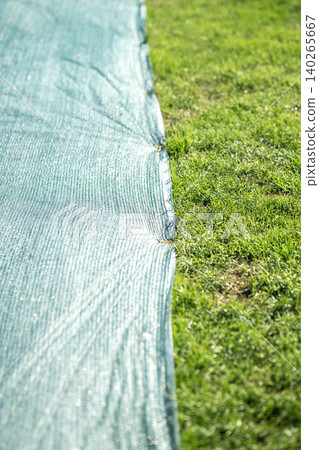 Technology for growing lush grass lawn using netting to cover ground and protect seedlings growth. Technology for growing lush grass lawn using netting to cover ground and protect seedlings growth. 140265667