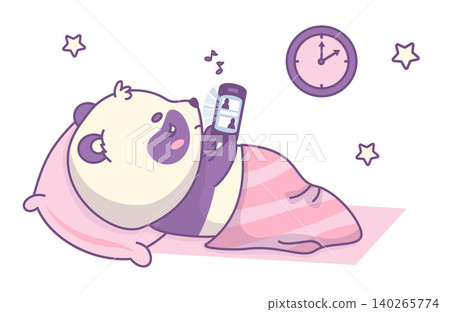 Cute Panda Character Engrossed In Smartphone Scrolling While Lying At Night. Kawaii Bear Cartoon Animal With Blue Light Glow. Digital Addiction And Insomnia Concept. Vector Illustration. Cute Panda Character Engrossed In Smartphone Scrolling While Lying At Night. Kawaii Bear Cartoon Animal With Blue Light Glow. Digital Addiction And Insomnia Concept. Vector Illustration. 140265774