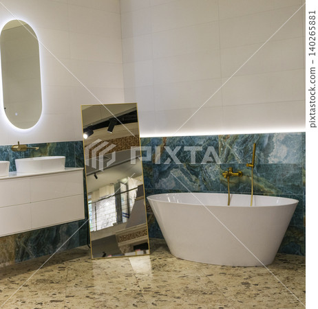 Sleek Minimalist Bathroom Layout with Terrazzo Flooring and Gold Accents Sleek Minimalist Bathroom Layout with Terrazzo Flooring and Gold Accents 140265881