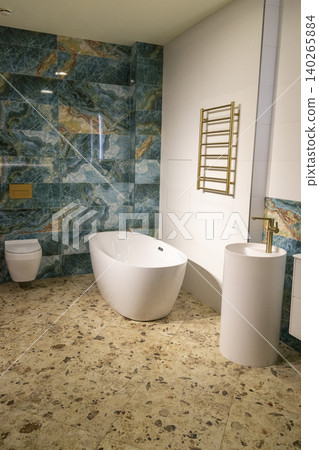 Sleek Minimalist Bathroom Layout with Terrazzo Flooring and Gold Accents Sleek Minimalist Bathroom Layout with Terrazzo Flooring and Gold Accents 140265884