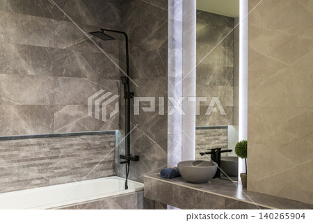 Contemporary Washroom Design Featuring Black Rainfall Shower and Vessel Sink Contemporary Washroom Design Featuring Black Rainfall Shower and Vessel Sink 140265904